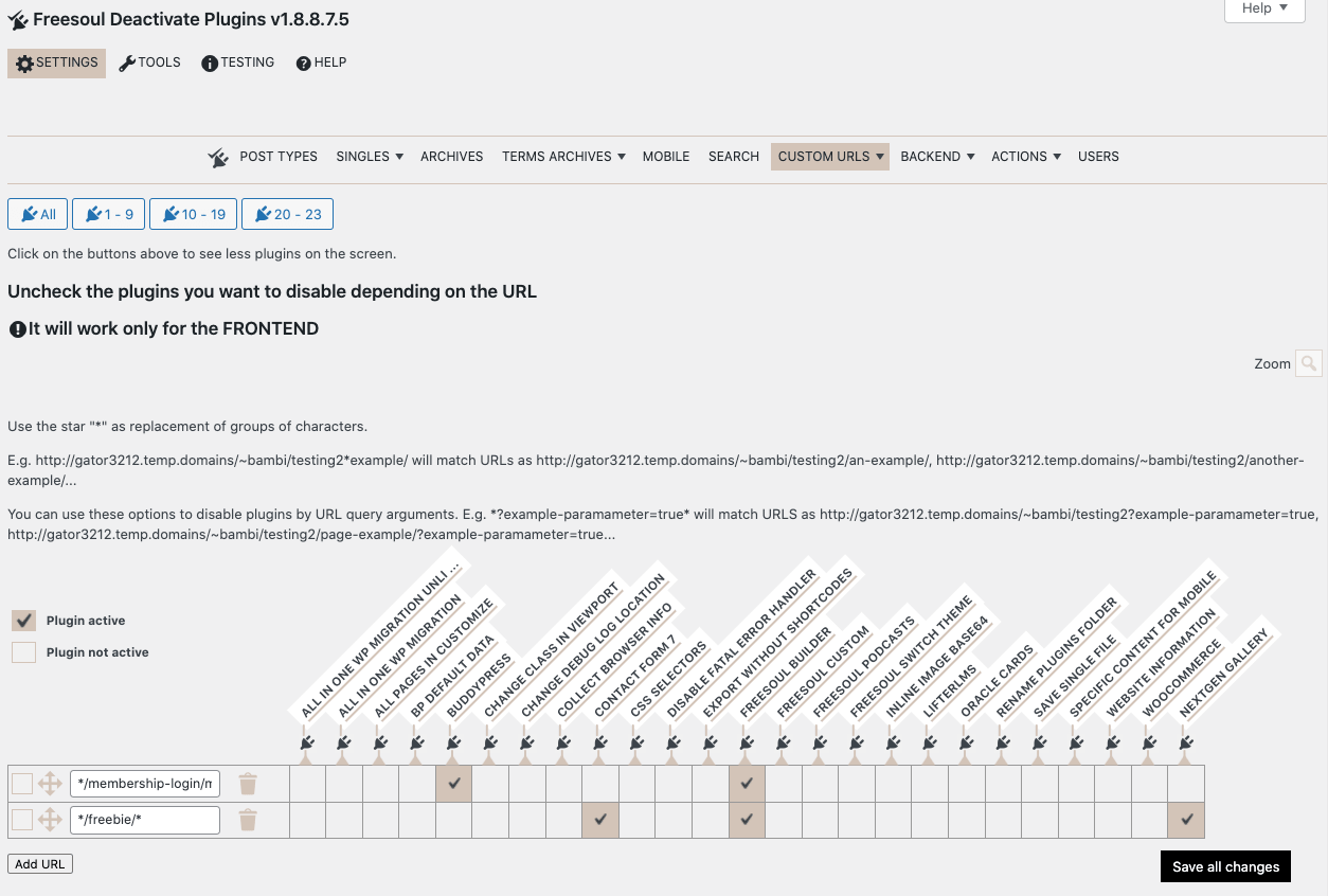 Disable plugins on frontend by custom URL