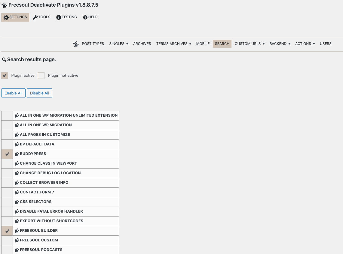 Settings to disable plugins on the search results page