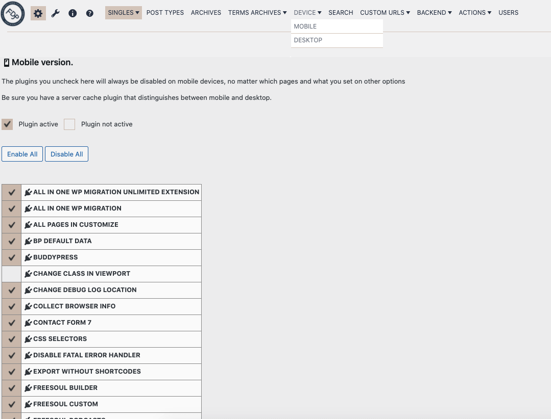 Deactivate plugin depending on the device