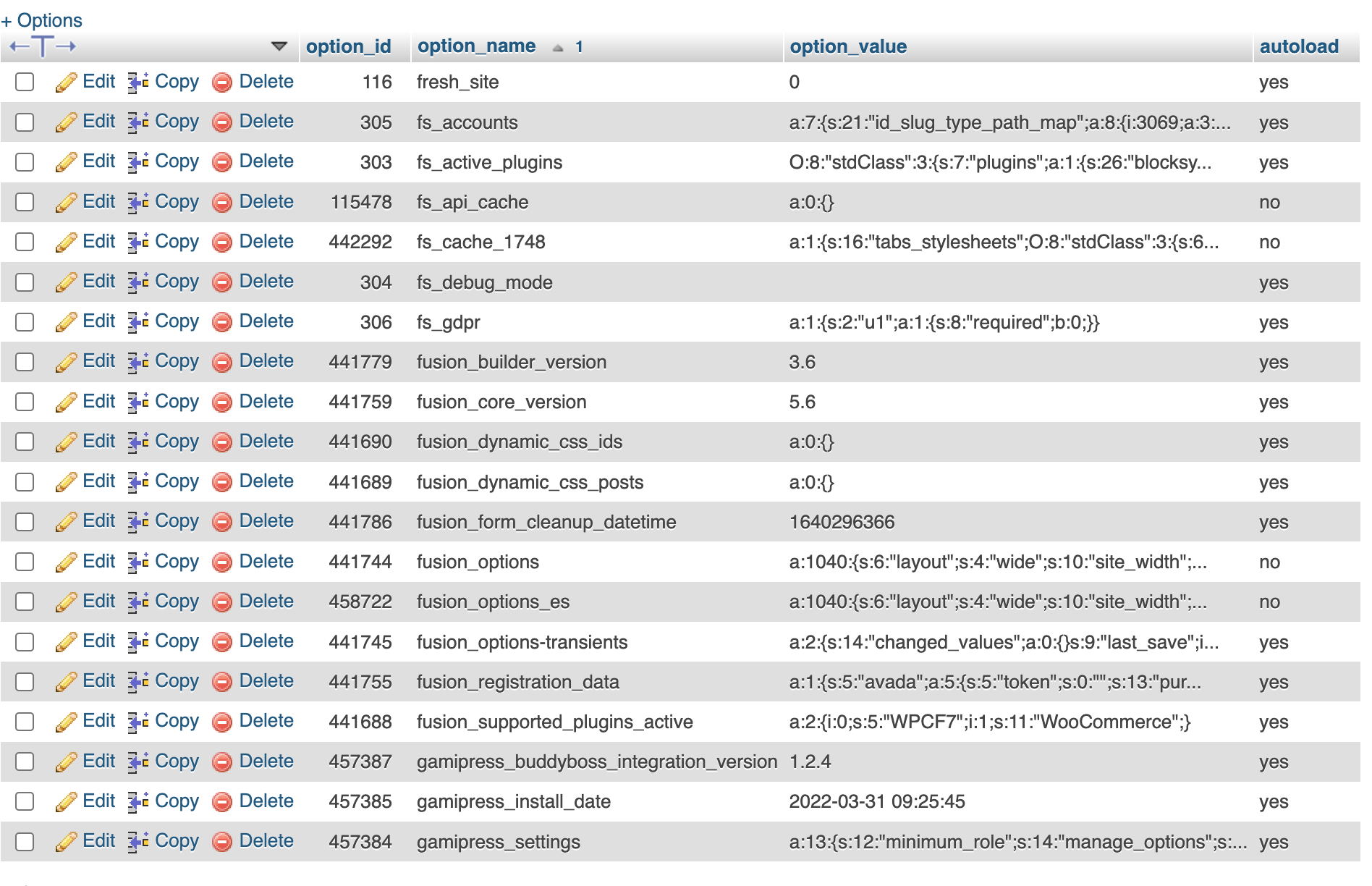 Table wp_options seen with PHPMyAdmin