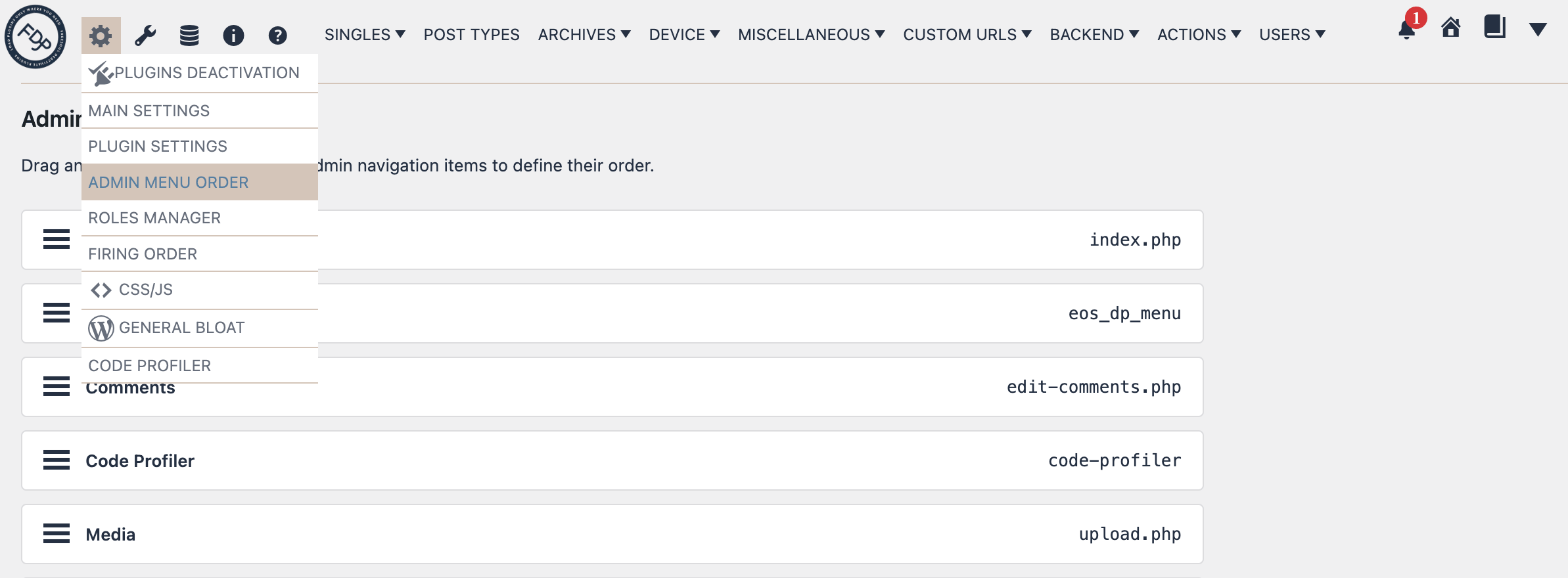 FDP Admin Menu Order Settings