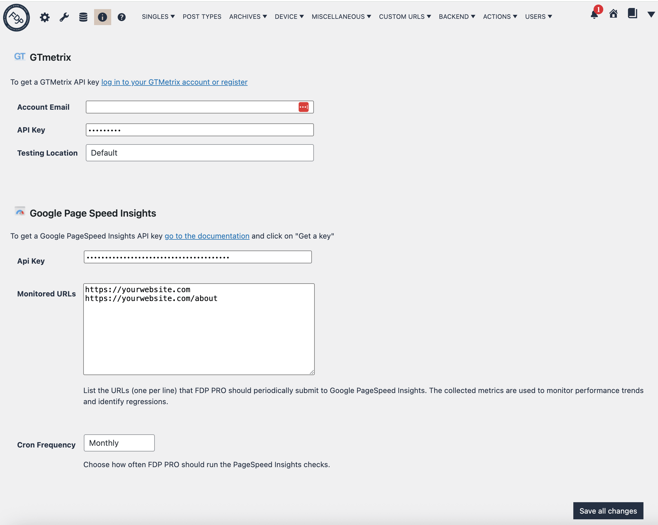 FDP Testing Settings page