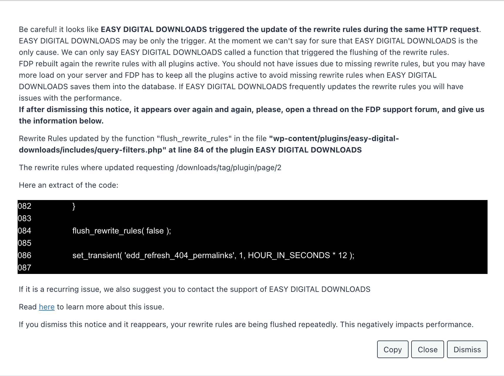 Freesoul Deactivate Plugins | Rewrite Rules notification details